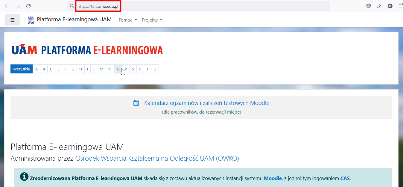 Strona główna Platfomy E-learningowej Moodle UAM