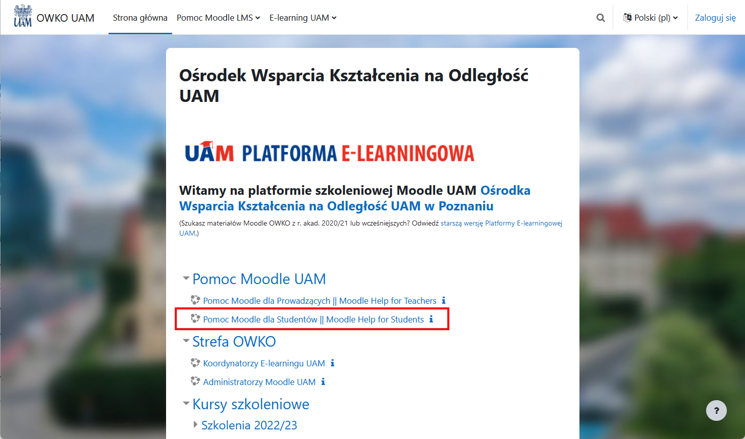 Platforma Moodle OWKO z widocznym kursem/stroną pomocy dla Studentów