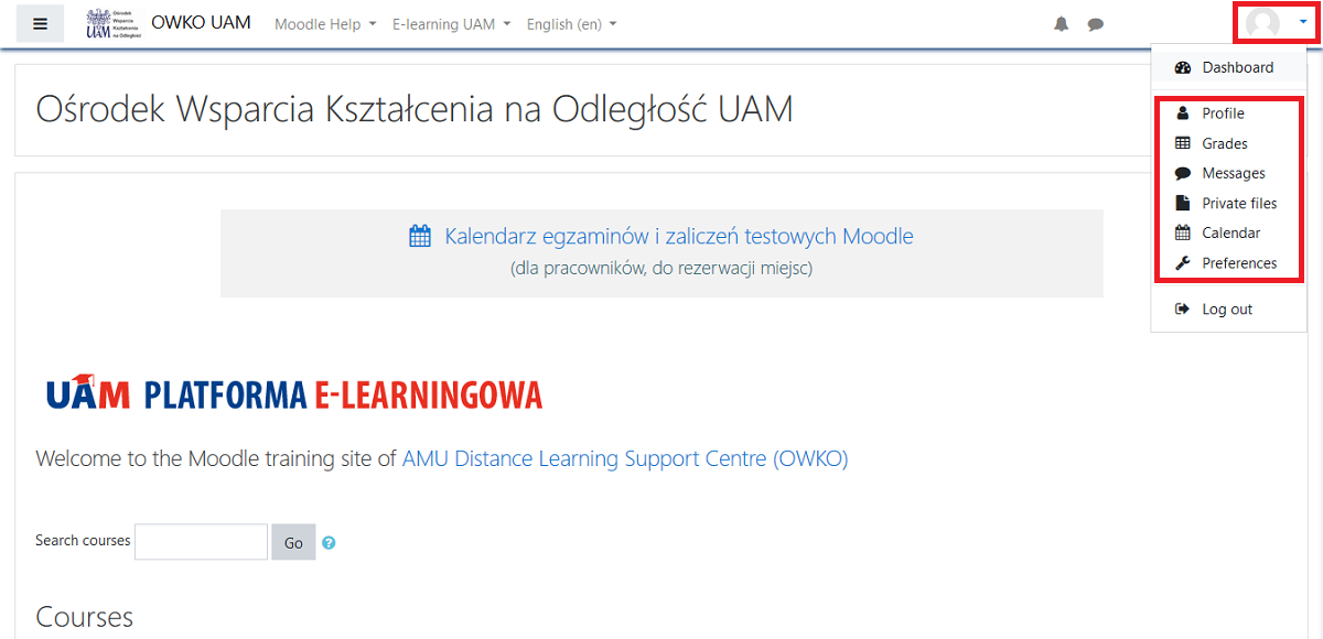 User Menu (top-right corner of the Moodle page)