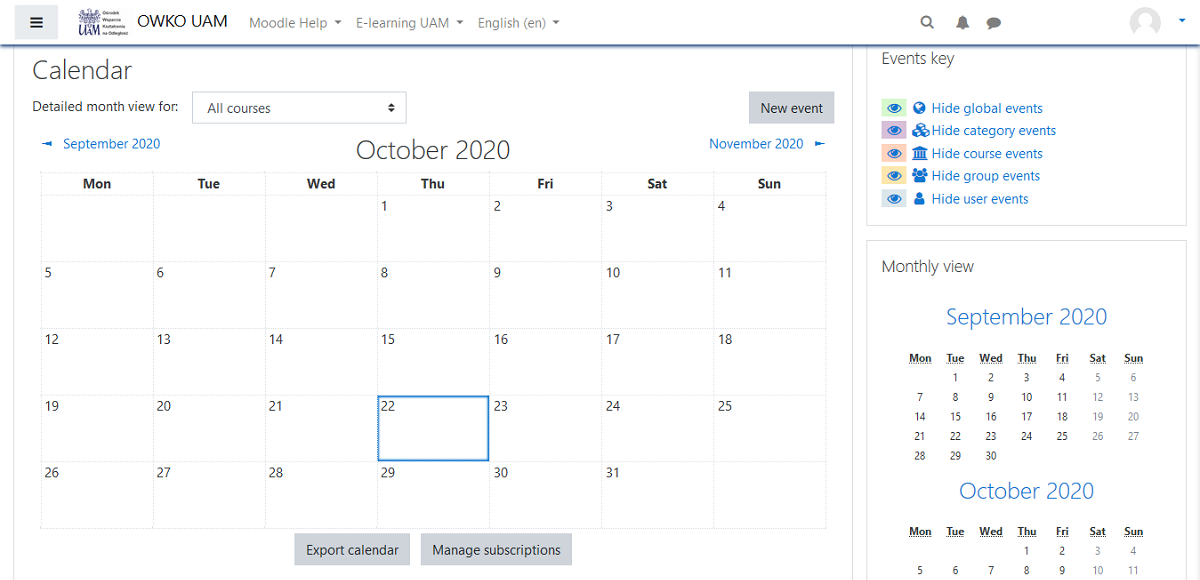User's Calendar page
