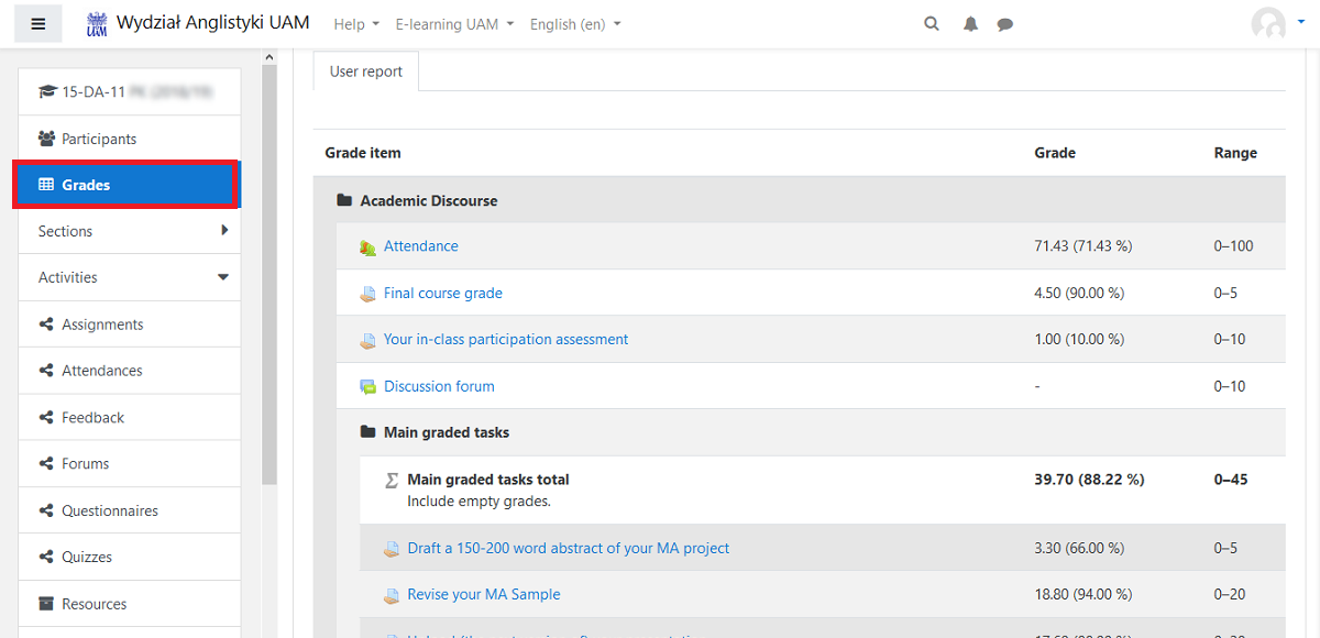 Grades page (User report) in a Moodle course where the Gradebook feature has been activated