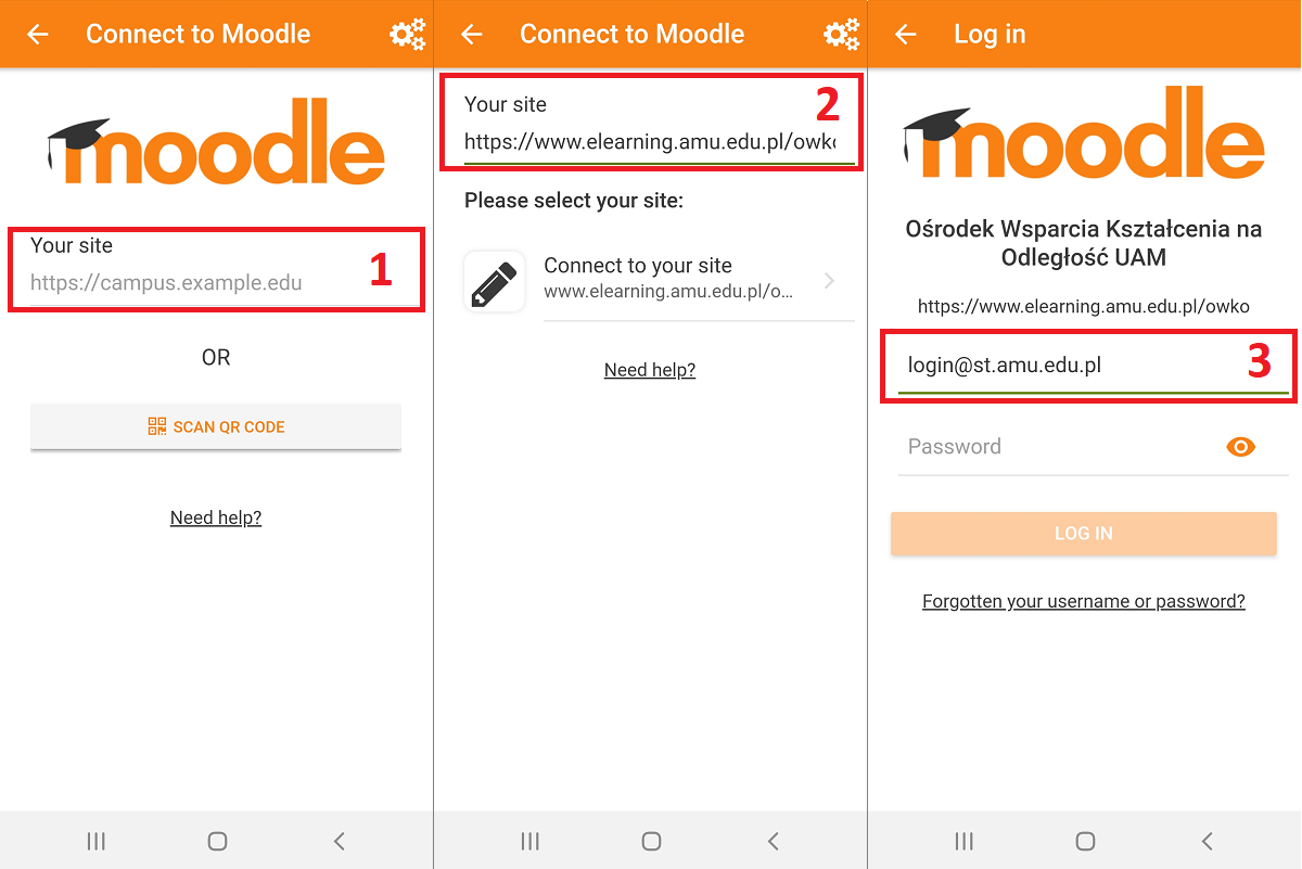 Logging into Moodle OWKO from the Moodle mobile app