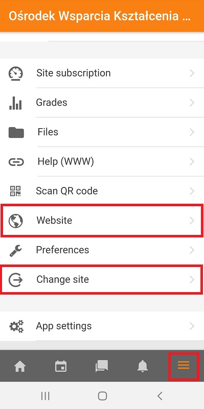 Options menu in the Moodle mobile app
